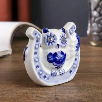 Сувенир керамика "Сова в подкове" синяя роспись 7х7,5х3 см