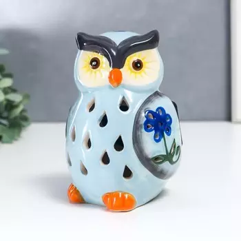 Сувенир керамика свет "Голубой филин с цветком" от солнечной батареи 13,5х9,5 см