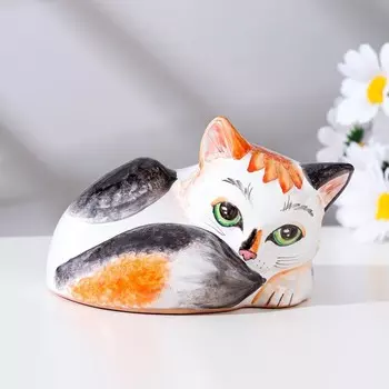 Сувенир "Кошка лёжа", ярославская майолика, h=8 см, микс