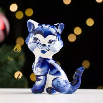 Сувенир «Котик», сидячий, хвост трубой, гжель