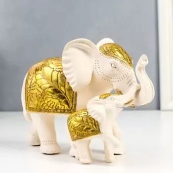 Сувенир полистоун "Белый слон со слонёнком, с золотыми листьями на попоне" 16,5х10,5х23,5 см 73555
