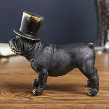 Сувенир полистоун "Бульдог в цилиндре" чёрный с золотой патиной 13,5х14,5х6,5 см