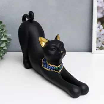 Сувенир полистоун "Чёрная кошка с синим ожерельем" потягивается 19х9х34 см