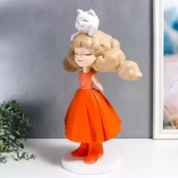 Сувенир полистоун "Девочка с котиком в прическе, в оранжевом" 46 см