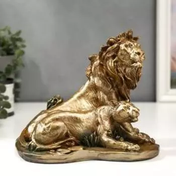 Сувенир полистоун "Лев со львицей" бронзовый 18х21х14 см