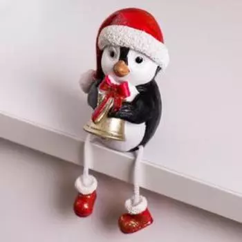 Сувенир полистоун "Пингвин Рико в красном колпаке, с колокольчиком" длинные ножки 8,5х6х7 см 63437
