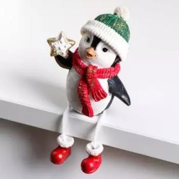 Сувенир полистоун "Пингвин Рико в зелёной шапке, со звёздочкой" длинные ножки 8,5х6х7 см