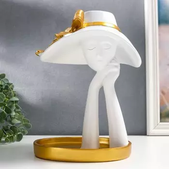 Сувенир полистоун подставка "Девушка в шляпке с золотым бантом" белый 28х21х19 см