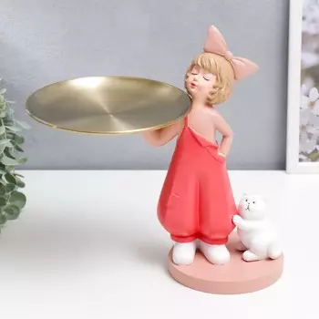 Сувенир полистоун подставка "Малышка в комбинезоне с большим бантом и котиком" 27х12 см