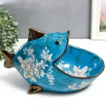 Сувенир полистоун подставка "Рыба с цветами" состаренный синий 20,5х31,5 см