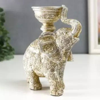 Сувенир полистоун подсвечник "Слон с наскальными рисунками" серебристый 16х7,5х13 см
