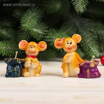 Сувенир полистоун подсвечник со свечой "Мышуля и мешок золотых монет" МИКС 4,8х6,5х2,5 см