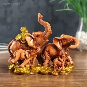 Сувенир полистоун "Семейство денежных слонов с золотыми монетами" под дерево 17,5х8х19 см