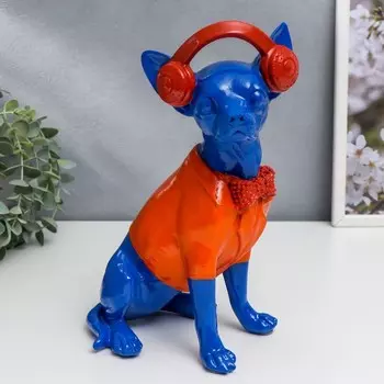 Сувенир полистоун "Той-терьер в рубашке и наушниках" синий с оранжевым 29,5х16х12 см
