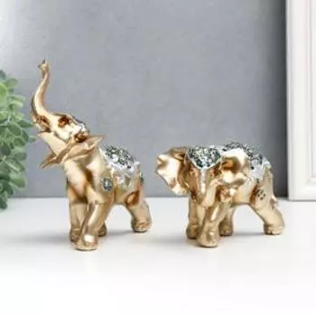 Сувенир полистоун "Золотистые слоны с цветами на попоне" н-р 2 шт 15х7,5х12,5, 8х7,5х12,5 см 68592