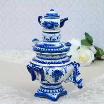 Сувенир "Самовар", большой, гжель, фарфор, 28х15 см