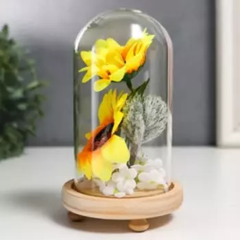 Сувенир текстиль, дерево, стекло "Подсолнухи в колбе" 14,5х8,5х8,5 см