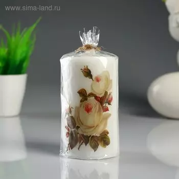 Свеча- цилиндр "Кремовая роза" белая, с декором, 6×10 см