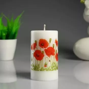 Свеча-цилиндр "Маки" белая, 6×10 см