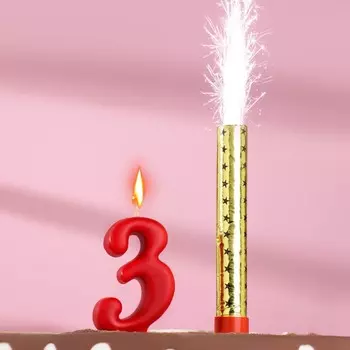 Свеча для торта цифра "Овал" красная "3" + фонтан