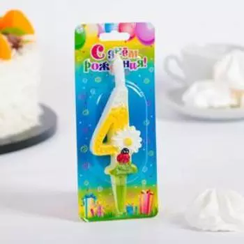 Свеча для торта "Ромашки", 10,2 см, разноцветная цифра "4"