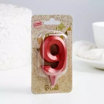 Свеча в торт "Грань", цифра "9", красный металлик, 6,5 см