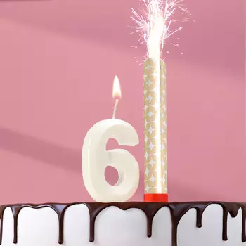 Свеча в торт "Грань + фонтан", цифра "6", жемчужный, 6,5 см