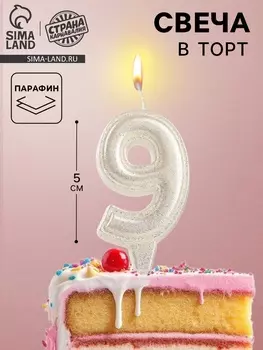 Свеча в торт «Праздник» цифра 9, жемчужный перламутр с блестками