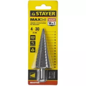 Сверло ступенчатое STAYER 29660-4-30-14, 4-30 мм, 100 мм, 14 ступеней, трехгранный хвостовик 48168