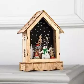 Светодиодная фигура «Дом со снеговиком» 12 17 4 см, дерево, батарейки АААх2 (не в комплекте), свечение тёплое белое