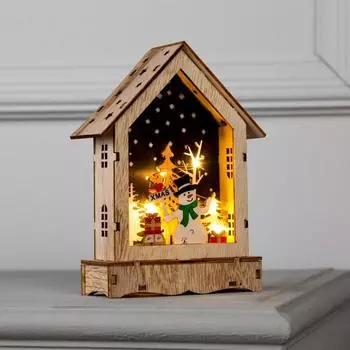 Светодиодная фигура «Дом со снеговиком» 12 17 4 см, дерево, батарейки АААх2 (не в комплекте), свечение тёплое белое