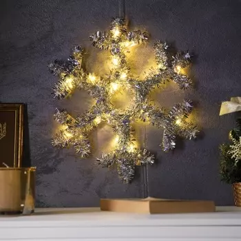 Светодиодная фигура из мишуры «Снежинка серебристая» 322 см, 20 LED, батарейки AG103 (в комплекте), свечение тёплое белое