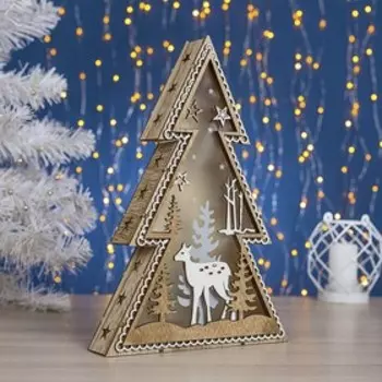 Светодиодная фигура «Ёлка с оленем» 20 30 5 см, дерево, батарейки ААх2 (не в комплекте), свечение тёплое белое