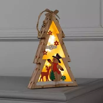 Светодиодная фигура «Ёлка со снеговиком» 14 22.5 4 см, дерево, батарейки АААх2 (не в комплекте), свечение тёплое белое