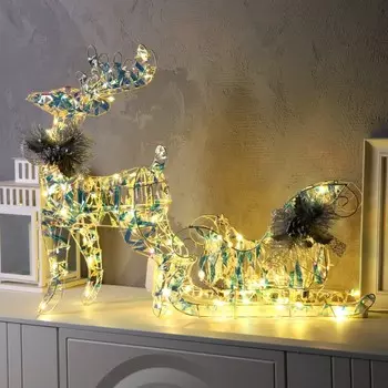 Светодиодная фигура «Олень с санями», олень: 30 52 14 см, сани: 39 25 23 см, текстиль, металл, 220 В, свечение тёплое белое