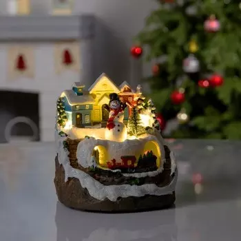 Светодиодная фигура «Поезд и снеговик» 16 10 12 см, полистоун, батарейки АААх2 (не в комплекте), USB, свечение тёплое белое