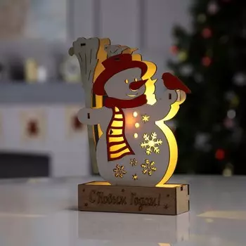 Светодиодная фигура «Снеговик с птичками» 16.5 20.5 5 см, дерево, батарейки LR41х3 (в комплекте), свечение тёплое белое