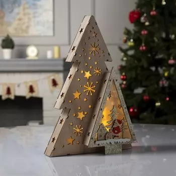 Светодиодная фигура «Звёздная ель с Сантой» 20 30 6.5 см, дерево, батарейки АААх2 (не в комплекте), свечение тёплое белое