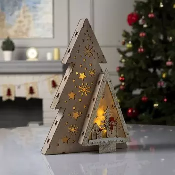 Светодиодная фигура «Звёздная ель со снеговиком» 20 30 6.5 см, дерево, батарейки АААх2 (не в комплекте), свечение тёплое белое