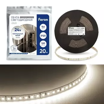 Светодиодная лента Feron 20 м, IP20, SMD2835, 120 LED/м, 9,6 Вт/м, 24 В, свечение белое