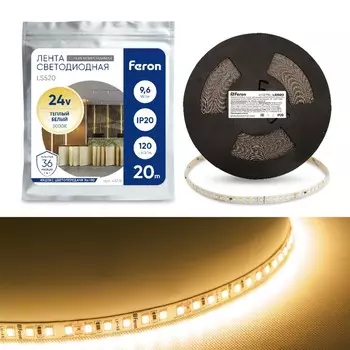 Светодиодная лента Feron 20 м, IP20, SMD2835, 120 LED/м, 9,6 Вт/м, 24 В, свечение тёплое белое