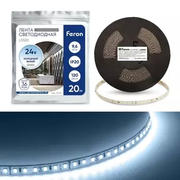Светодиодная лента Feron 20 м, IP20, SMD2835, 120 LED/м, 9,6 Вт/м, 24 В, свечение холодное белое