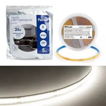 Светодиодная лента Feron 5 м, IP20, COB, 320 LED/м, 10 Вт/м, 24 В, свечение белое