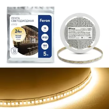 Светодиодная лента Feron 5 м, IP20, SMD2835, 180 LED/м, 16 Вт/м, 24 В, свечение тёплое белое