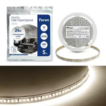 Светодиодная лента Feron 5 м, IP20, SMD2835, 180 LED/м, 16 Вт/м, 24 В, свечение белое