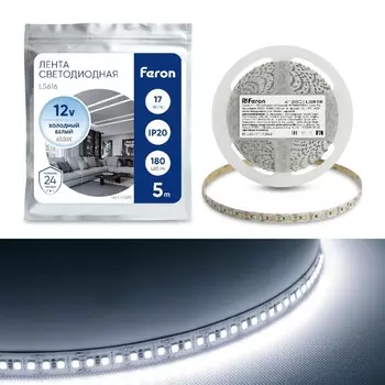 Светодиодная лента Feron 5 м, IP20, SMD2835, 180 LED/м, 17 Вт/м, 12 В, свечение холодное белое