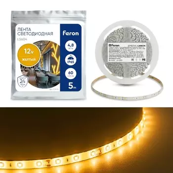 Светодиодная лента Feron 5 м, IP65, SMD2835, 60 LED/м, 4,8 Вт/м, 12 В, свечение жёлтое