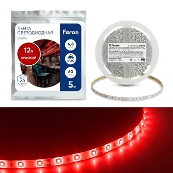 Светодиодная лента Feron 5 м, IP65, SMD2835, 60 LED/м, 4,8 Вт/м, 12 В, свечение красное