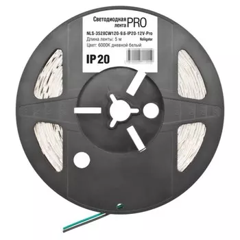 Светодиодная лента NAVIGATOR 8 мм, 5 м, IP20, 3528, 120 LED/м, 9.6 Вт/м, 12 В, 6000К, свечение холодное белое