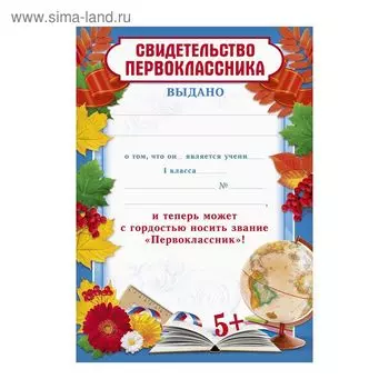 Грамота школьная «Свидетельство первоклассника», А5, 157 гр/кв.м.